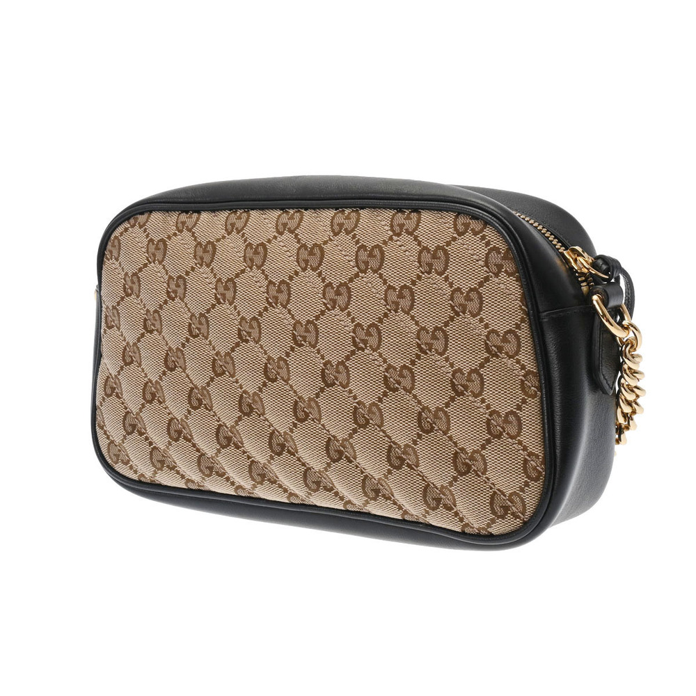Gucci GG Black Beige Leather Shoulder Canvas Bag Marmont Chain Black Tan